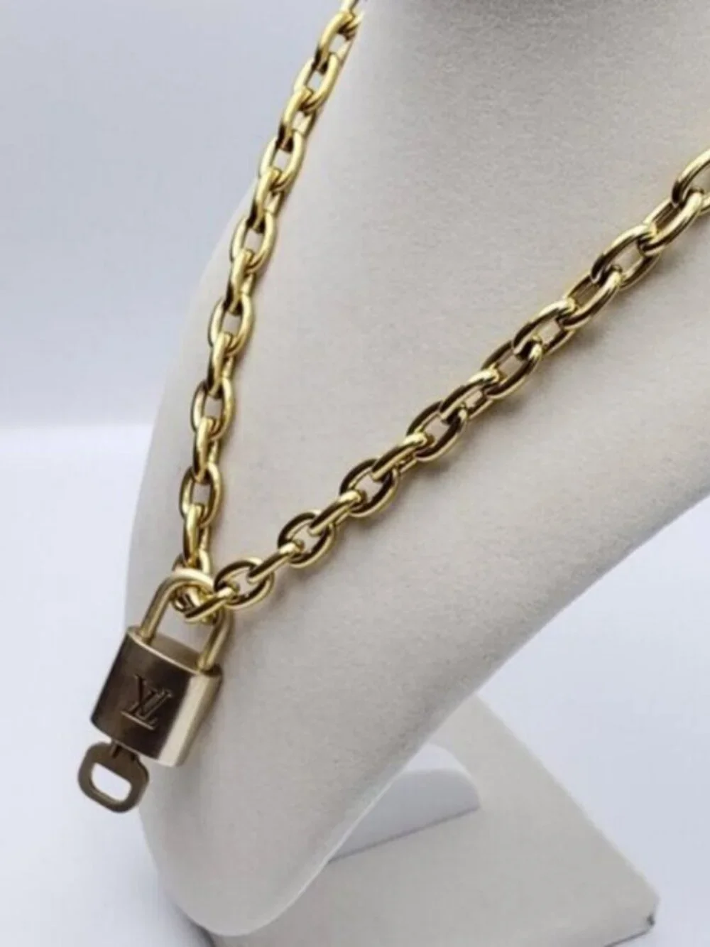 Authentic Louis Vuitton Gold Padlock w/Unbranded Stainless Steel Chain Necklace